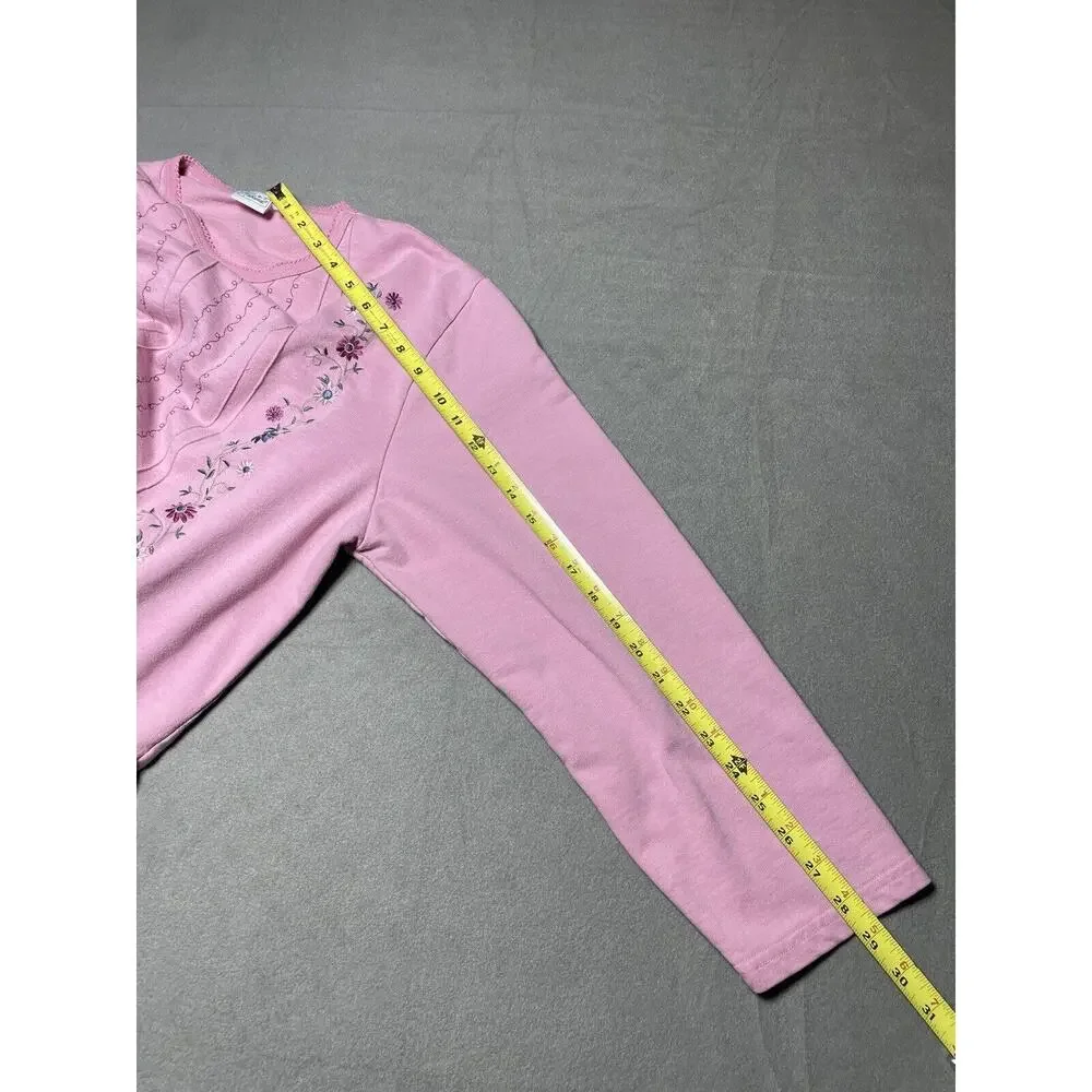 Womens XL Pink Embroidered Shirt 3/4 Sleeves Grandma Cottage Core Floral Cropped